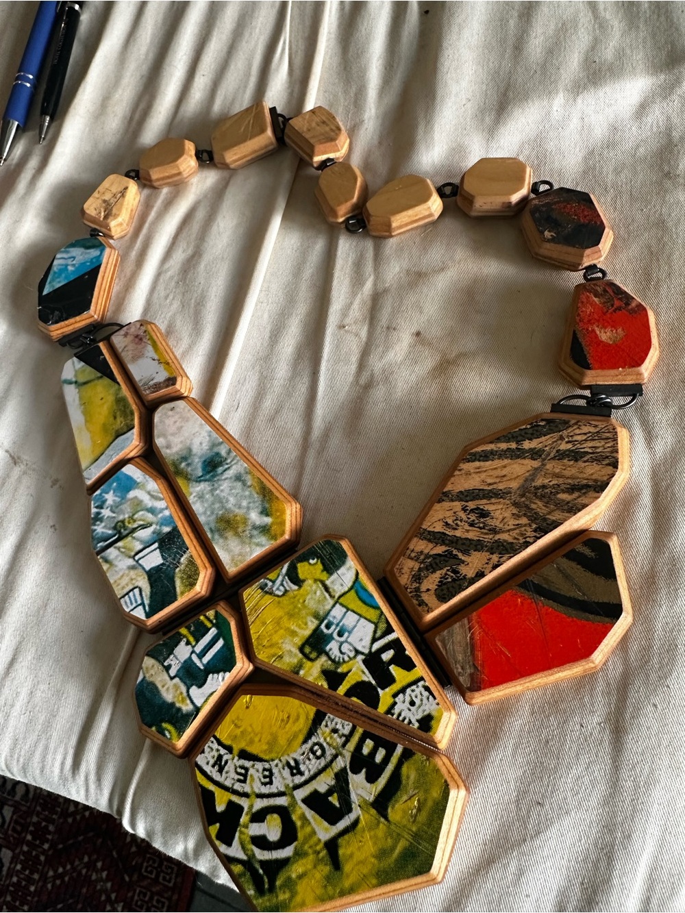 Handcrafted Multicolor Geometric Wood Wall Art Necklace Sculpture